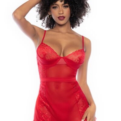 Babydoll Rouge en Mesh, Satin et Dentelle 7505