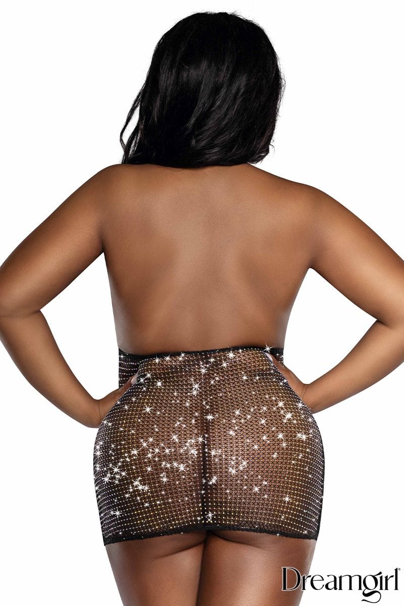 Babydoll en Filet Noir avec Strass et Col Plongeant 13927