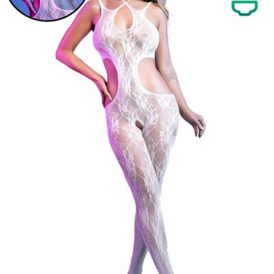 Bodystocking Dentelle Fleurie – Blanc / Rose au Black Light 2549