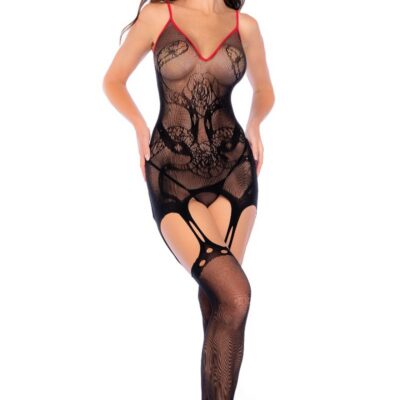 Bodystocking résille motif serpent noir et rouge – dos lacé ajustable avec bas intégrés 1153