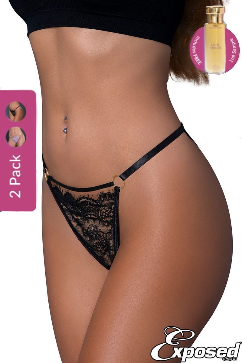Thong Taille Haute en Dentelle – Noir & Lilas PP03