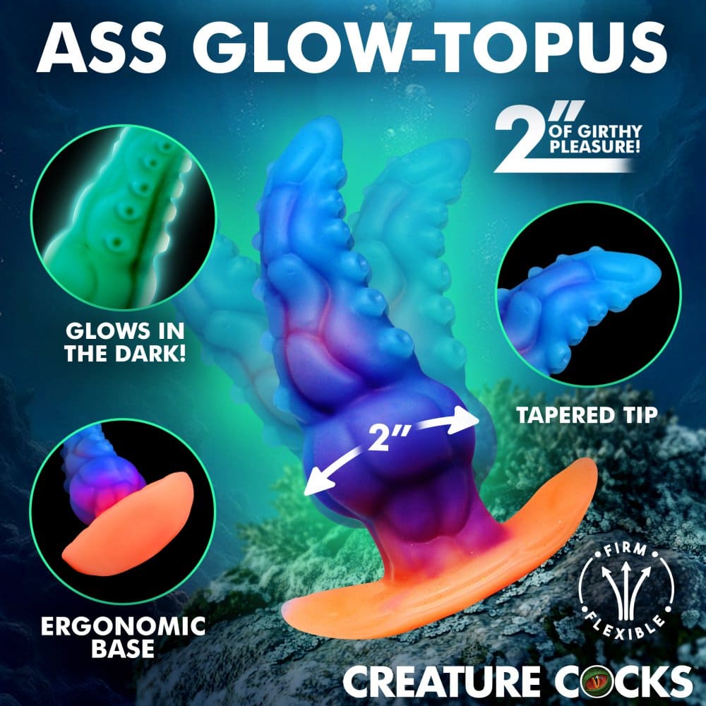 Plug Anal en Silicone Glow-in-the-Dark GLOWTOPUS – Plug Tentaculaire Texturé 2" avec Base Sécurisée AH971