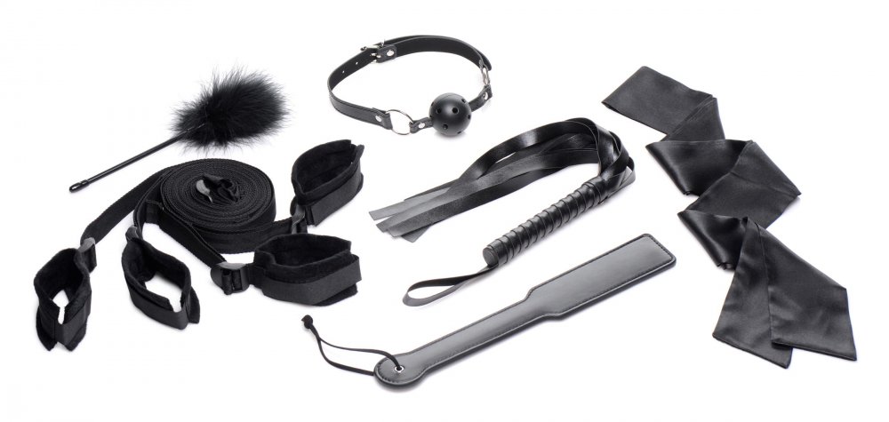 Kit Bondage Lit BDSM 6 Pièces – Ensemble de Contraintes Sous Matelas avec Flogeur, Paddle, Gag et Masque AG739