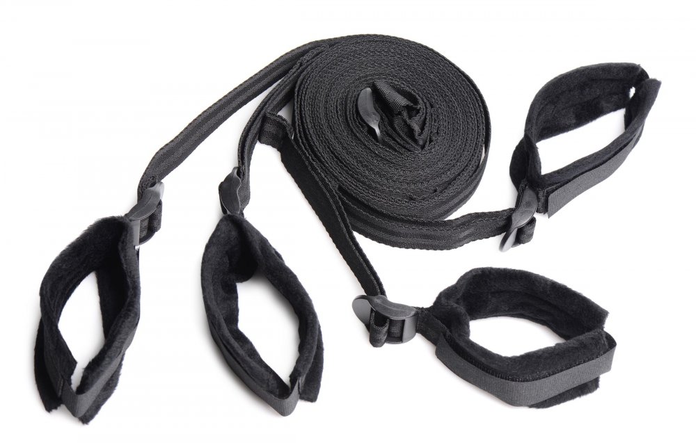 Kit Bondage Lit BDSM 6 Pièces – Ensemble de Contraintes Sous Matelas avec Flogeur, Paddle, Gag et Masque AG739
