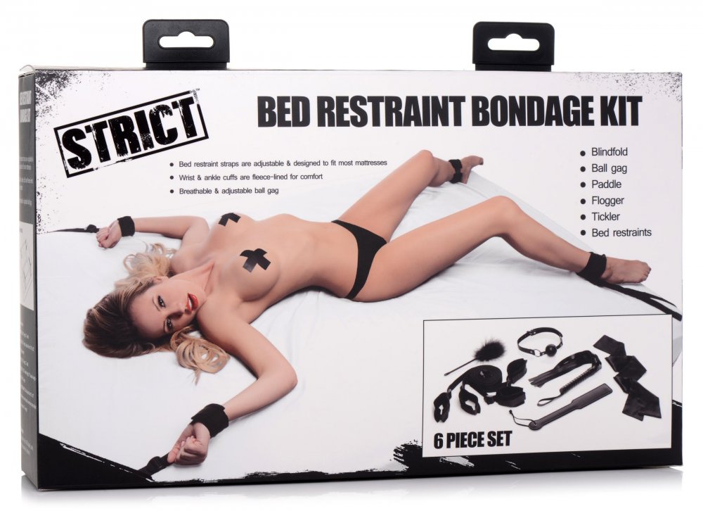 Kit Bondage Lit BDSM 6 Pièces – Ensemble dLe Bed Restraint Bondage Kit est un ensemble BDSM complet 6 pièces avec attaches sous matelas, paddle, flogger, tickler, masque et bâillon. Idéal pour débutants et expérimentés, il permet de créer facilement des scènes de bondage sécurisées et immersives.e Contraintes Sous Matelas avec Flogeur, Paddle, Gag et Masque AG739