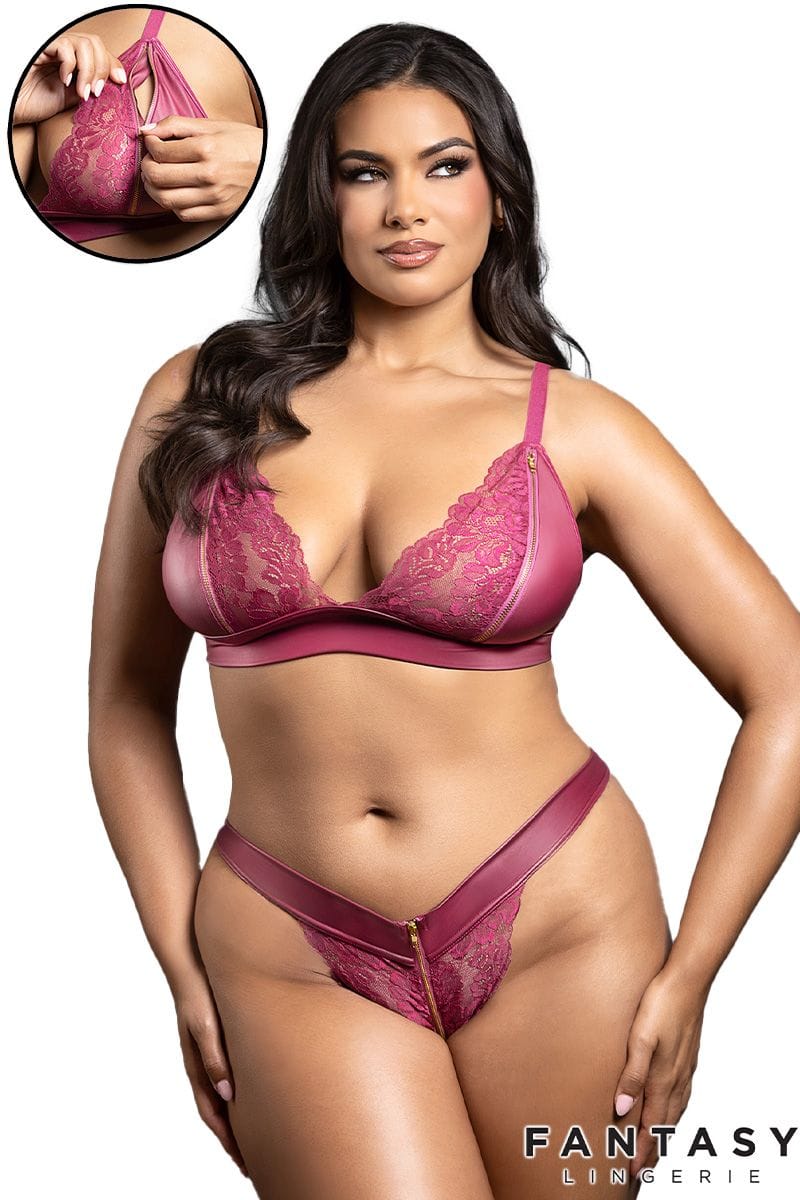 Ensemble lingerie 2 pièces wet look et dentelle avec zips dorés – BAIE 2522