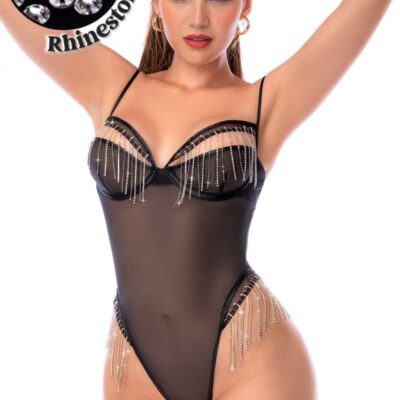 Teddy Noir Mapalé en Mesh avec Franges de Pierres du Rhin – Dos Thong et Bretelles Ajustables 2813