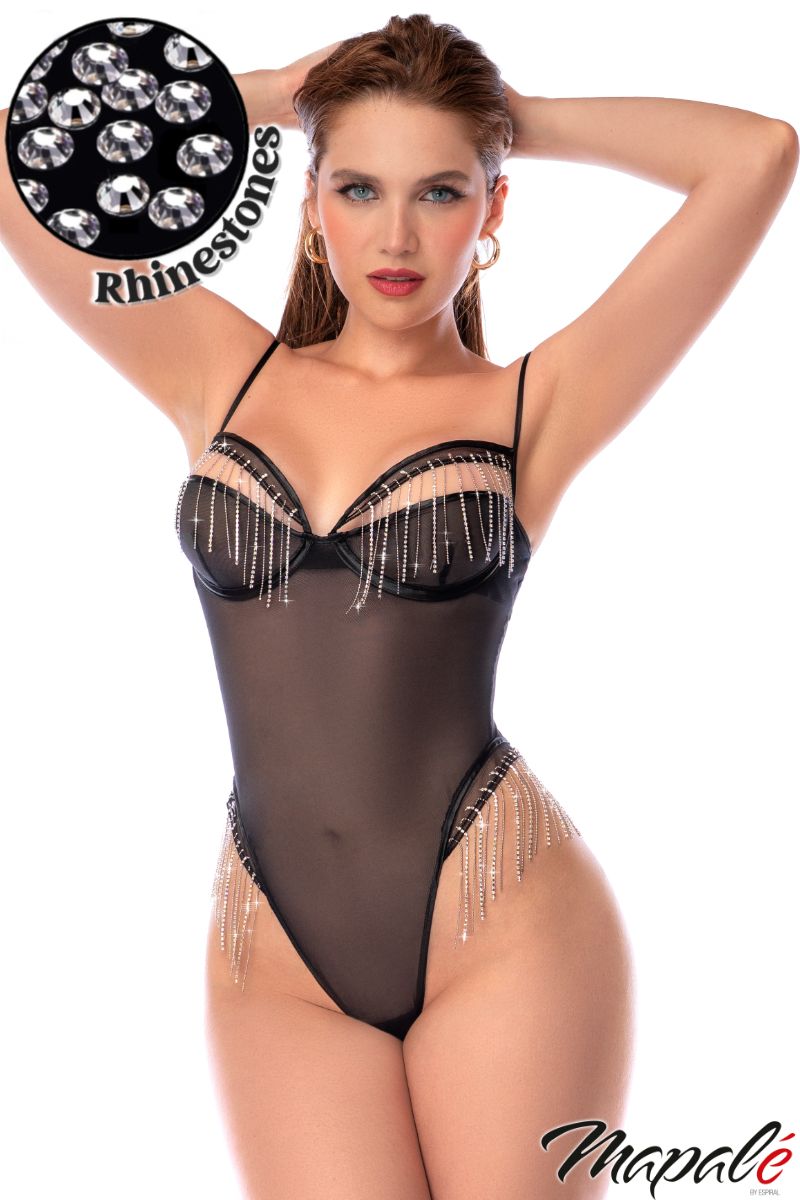 Teddy Noir Mapalé en Mesh avec Franges de Pierres du Rhin – Dos Thong et Bretelles Ajustables 2813