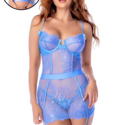 Guêpière Bleu Ciel Mapalé en Mesh et Dentelle – Dos Lacé, Jarretelles Ajustables et Baleines Rigides 7625