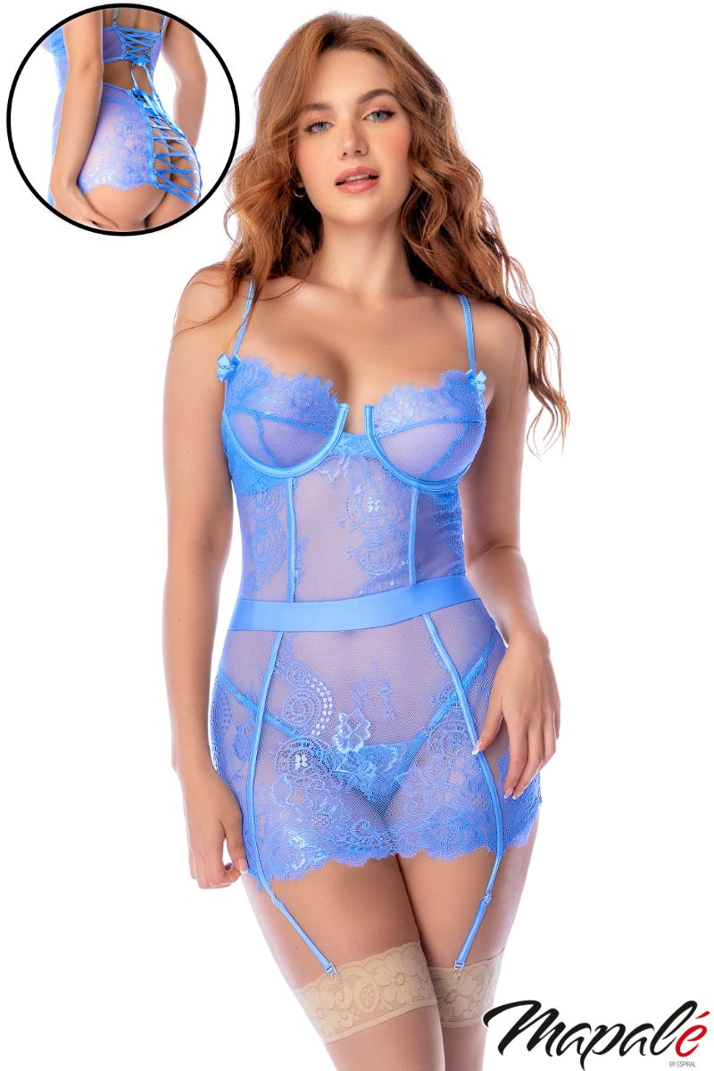 Guêpière Bleu Ciel Mapalé en Mesh et Dentelle – Dos Lacé, Jarretelles Ajustables et Baleines Rigides 7625