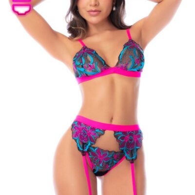 Ensemble Lingerie 3 Pièces Floral UV avec Porte-Jarretelles 80012