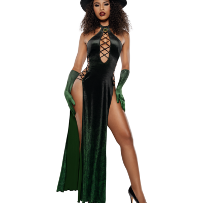 Emerald Enchantress – Costume de sorcière en velours imprimé avec chapeau et gants 14200